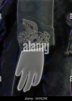 Gros plan d'une manche décorative avec des motifs complexes, avec une manchette délicate mettant en valeur un motif papillon. La main apparaît élégamment posée, accentuant l'art du vêtement., robe (corsage, jupe ; éventuellement pour le deuil), inconnu, vers 1885, faille de soie, boutons or et perle, A) corsage : arrière central 27 po, avant central 21 po, buste 32 po, taille 25-1/2 po, longueur des manches 21-1/4 po, épaules 14-1/2 po. B) jupe : arrière central 39-1/2 po., avant central 39 po., taille 26 po., arts américains, textiles et de la mode, art classique avec une touche moderne réinventée par Artotop Banque D'Images