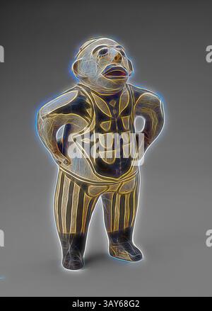 Une silhouette stylisée avec une expression joyeuse se tient en toute confiance avec les mains sur les hanches, ornée d'une tenue vintage avec un motif rayé. La figure dégage un charme ludique, rehaussé par des contours brillants qui soulignent ses caractéristiques., figure représentant un américain, peuple Cochiti, 1890-1910, faïence glissée et peinte, 17 x 9-3/4 x 5-3/4 po., Arts autochtones des Amériques, art classique avec une touche moderne réinventée par Artotop Banque D'Images
