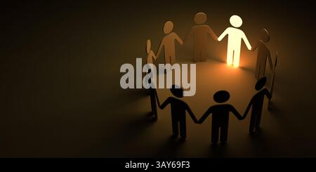 Groupe de personnes tenant les mains formant un cercle avec un homme lumineux brillant se démarquant du concept d'affaires de foule dans la créat de fond de chambre sombre Banque D'Images