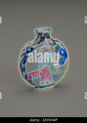 Un vase magnifiquement détaillé orné de représentations artistiques complexes de personnages, mettant en valeur une tenue élégante et des couleurs vives, sur un fond doux et neutre. Le design capture un moment serein, mêlant des éléments traditionnels à une esthétique contemporaine., bouteille à priser, porcelaine, 2-1/4 x 2 x 1-3/4 po., Art asiatique, Art classique avec une touche moderne réinventée par Artotop Banque D'Images