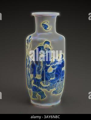 Vase magnifiquement conçu avec des représentations complexes de personnages engagés dans une scène traditionnelle, orné de motifs bleus détaillés qui contrastent étonnamment avec sa surface. La forme élégante souligne l'art de l'artisanat., vase, 1875-1925, porcelaine, glaçure, 9-1/2 po., Art asiatique, Art classique avec une touche moderne réinventée par Artotop Banque D'Images