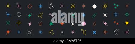 Ensemble contemporain d'icônes vectorielles abstraites avec des étoiles brillantes et des étincelles dans un style minimaliste. Parfait pour ajouter une touche moderne et lumineuse à votre digita Illustration de Vecteur