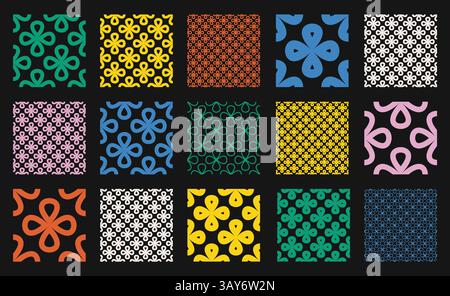 Modèle vectoriel sans couture avec trèfle comme des formes de fleurs dans le contour et le style linéaire sur des arrière-plans sombres. Design géométrique vibrant, parfait pour le mur Illustration de Vecteur