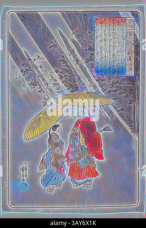 Deux personnages, ornés d'une tenue traditionnelle, marchent côte à côte sous des parapluies jaunes vibrants. Le paysage autour d'eux présente un mélange d'arbres et de lignes douces, évoquant une atmosphère sereine et culturelle. Un panneau décoratif dans le coin ajoute une touche d'élégance à la scène., les 100 poètes : prêtre Jakuren, Utagawa Kuniyoshi (japonais, 1798-1861), pas de détails de mesure., Art asiatique, art classique avec une touche moderne réinventé par Artotop Banque D'Images