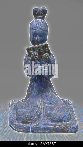 Une sculpture stylisée d'une figure assise, tenant gracieusement un livre, ornée de détails complexes et d'une expression sereine. La tenue fluide de la figure et la posture élégante transmettent un sentiment de calme et de sagesse., joueur de pan-pipe assis, dynastie Tang, dynastie Tang, vers 650, faïence avec peinture, H : 7-1/8 po., Art asiatique, Art classique avec une touche moderne réinventée par Artotop Banque D'Images