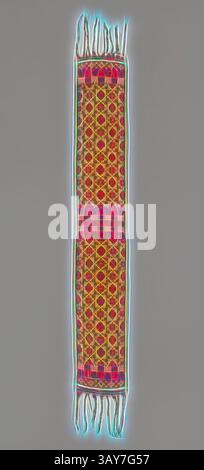 Un textile magnifiquement tissé présente des motifs géométriques complexes dans des couleurs vives, encadrés par des franges délicates aux deux extrémités. Le design met en valeur un mélange de tradition et d'art, attirant le regard avec ses formes et teintes dynamiques., enveloppement cérémoniel, fin du 19ème siècle - début du 20ème siècle, coton, 62 x 8-1/2 po., textile et Arts de la mode, art classique avec une touche moderne réinventée par Artotop Banque D'Images