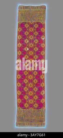 Un textile vibrant présente des motifs géométriques complexes dans des roses, jaunes et rouges audacieux, entourés de fils délicats et multicolores qui créent une bordure vivante., emballage cérémonial, fin du XIXe siècle - début du XXe siècle, coton, 82-1/4 x 19-1/4 po., textile et art de la mode, art classique avec une touche moderne réinventé par Artotop Banque D'Images