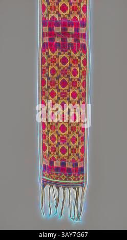 Un textile vibrant affiche un motif complexe de motifs géométriques et de couleurs vives, avec des bords frangés ajoutant une touche d'élégance., emballage cérémonial, fin du 19ème siècle - début du 20ème siècle, coton, 62 x 8-1/2 po., textile et Arts de la mode, art classique avec une touche moderne réinventé par Artotop Banque D'Images