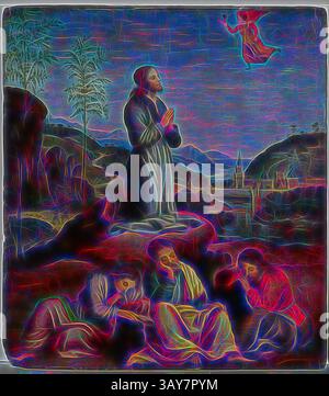 Une scène sereine représentant une figure profonde dans la prière sur un paysage rocheux, entourée de trois autres qui semblent être en repos ou endormis, tandis qu'une figure céleste plane au-dessus, suggérant un moment de communication divine ou de révélation. La toile de fond présente des collines et un village lointain, améliorant l'ambiance spirituelle du moment., L'agonie dans le jardin, cercle de Giovanni di Pietro (italien, 1440-1528), environ 1510-1515, huile sur panneau, 19 x 17 po. (Vue) 27 x 17 po., peinture et sculpture européennes avant 1800, Art classique avec une touche moderne réinventé par Artotop Banque D'Images