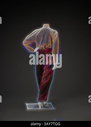 Un mannequin stylisé se tient debout avec une main sur sa hanche, mettant en valeur une tenue élégante dans un cadre minimaliste. La conception dispose d'un haut fluide et un pantalon sur mesure, mettant l'accent sur l'esthétique de la mode moderne avec un effet de contour vibrant., Day ensemble, complice, Design House (italien), 1980s, veste : laine avec doublure acétate blouse : laine, coton pantalon : laine avec bordure en cuir, A) veste : l : 22-3/8 po. (De l'arrière du cou à l'ourlet) B) Chemisier : l : 27-1/16 po C) Pantalon : l : 43-1/4 po., étiquette : complice, fabriqué en Italie/ 100% laine de laine, textile et Arts de la mode, Art classique avec une touche moderne réinventée par Artotop Banque D'Images