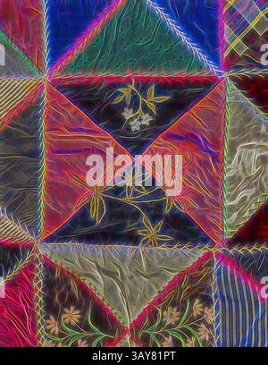 Une courtepointe vibrante dispose d'un patchwork complexe de motifs triangulaires colorés, ornés de motifs floraux délicats et de coutures texturées qui ajoute de la profondeur et de la fantaisie à la conception globale., courtepointe (Hourglass), peut-être Irene Sheridan (américaine, 1856-1938), années 1880, soie, velours, fils métalliques, image imprimée, morceaux, brodés et peints, 70-1/2 x 64 po., cousu, face avant, légèrement en dessous du centre : mère, Sheridan., textile et Arts de la mode, Art classique avec une touche moderne réinventée par Artotop Banque D'Images