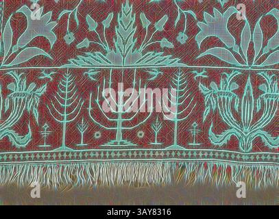 Un motif textile dynamique avec des motifs floraux et arbres complexes, avec une menorah centrale entourée de motifs élaborés et de détails à franges. La combinaison de formes et de couleurs crée une apparence riche et décorative., couvre-lit (couvre-lit Jacquard), William Craig Jr. (américain, 1824-1897), 1852, coton et laine, 91 x 77 po. (sans frange) 92-1/2 x 77 po. (Avec frange), tissé, blocs d'angle inférieur et supérieur (deux à l'envers) : W. CRAIG, GREENSBURG, DC. IA, 1852, textile et Arts de la mode, Art classique avec une touche moderne réinventée par Artotop Banque D'Images
