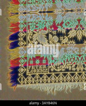 Un textile magnifiquement complexe avec des motifs floraux et géométriques élaborés, accentués par des franges colorées le long des bords. Le design met en valeur un mélange de savoir-faire artisanal et de flair artistique., couvre-lit (couvre-lit Jacquard), Peter Lorenz (américain, né français, 1801-1876), 1838, coton et laine, 92 x 77 po (sans frange) 94-1/2 x 81 po. (Avec frange), tissé, blocs de coin inférieur (un à l'envers) : PETER, LORENZ, 1838, textile et Arts de la mode, Art classique avec une touche moderne réinventée par Artotop Banque D'Images