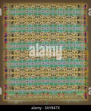 Un textile vibrant avec des motifs géométriques complexes et des motifs floraux colorés, conçu avec un mélange harmonieux de couleurs qui créent un rythme visuel vivant sur toute sa surface., couvre-lit (couvre-lit Jacquard), Peter Lorenz (américain, né français, 1801-1876), 1838, coton et laine, 92 x 77 po (sans frange) 94-1/2 x 81 po. (Avec frange), tissé, blocs de coin inférieur (un à l'envers) : PETER, LORENZ, 1838, textile et Arts de la mode, Art classique avec une touche moderne réinventée par Artotop Banque D'Images
