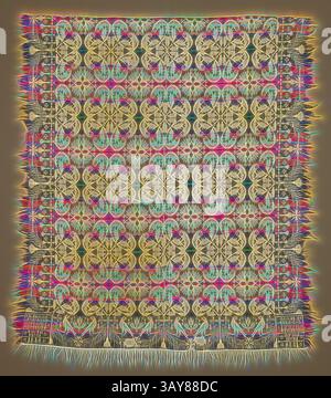Un textile vibrant avec des motifs complexes et des motifs symétriques, rehaussé par des reflets colorés qui lui donnent une apparence dynamique et éclatante. Les bords frangés ajoutent un détail tactile, complétant les motifs élaborés partout., couvre-lit (couvre-lit), Daniel Fisher (américain, 1821-1904), Levi Fisher (américain, environ 1829-environ 1890), 1850, coton et laine, 80 x 71 po. (sans frange) 83-1/2 x 75 po. (Avec frange), Woven, blocs de coin inférieur (un à l'envers) : FEAR â€¢ GOD â€¢, AND â€ â KEEP¢€¢, HIS â€ â COMMA, nDMENTS¢€¢, SOUTH, BEND, 1850, textile et arts de la mode, art classique avec un Banque D'Images