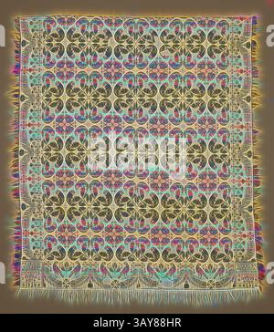 Un design textile vibrant et complexe avec un motif floral répété et des motifs géométriques, rayonnant avec des reflets colorés et des détails qui ajoutent de la profondeur et de la texture., couvre-lit (couvre-lit), Daniel Fisher (américain, 1821-1904), Levi Fisher (américain, environ 1829-environ 1890), 1850, coton et laine, 80 x 71 po. (sans frange) 83-1/2 x 75 po. (Avec frange), Woven, blocs de coin inférieur (un à l'envers) : FEAR â€¢ GOD â€¢, AND â€ â KEEP¢€¢, HIS â€ â COMMA, nDMENTS¢€¢, SOUTH, BEND, 1850, textile et Arts de la mode, Art classique avec une touche moderne réinventée par Artotop Banque D'Images