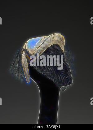 Un affichage stylisé d'un chapeau perché sur une forme de tête élégante et abstraite, illuminé d'une lueur douce qui met en évidence des textures et des lignes complexes, créant une présence éthéré., chapeau, début des années 1940, soie, coton, paille, adhésive, 7 x 10 x 9 po., étiquette : OPE 13-21, Rose, 8. Rue de la paix. Paris, textile et Arts de la mode, Art classique avec une touche moderne réinventée par Artotop Banque D'Images