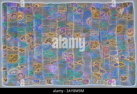 Un design textile dynamique avec des motifs floraux et animaux complexes, entrelacés avec une toile de lignes colorées qui créent un motif dynamique et fluide. Les couches de détails apportent profondeur et mouvement, invitant à une inspection plus approfondie., Robe de prêtre bouddhiste (hira kesa), fin du 18ème siècle - début du 19ème siècle, doublure Ramie, 57-1/2 x 37 po., textile et Arts de la mode, art classique avec une touche moderne réinventée par Artotop Banque D'Images