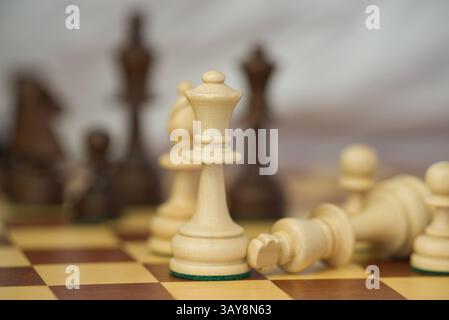jeu d'échecs, figures blanches et noires et pions sur l'échiquier, gameplay Banque D'Images