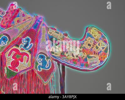 Une selle vibrante ornée de motifs complexes et d'embellissements colorés, mettant en valeur l'artisanat traditionnel et l'art culturel. Les coutures détaillées et les éléments décoratifs soulignent son design unique et son patrimoine., épée et gaine cérémonielles, peuple Owo, fin du 19ème siècle - début du 20ème siècle, perles de verre, tissu, ivoire, fer, environ. L :18 po (Épée dans la gaine), environ l :26 pouce (Avec des éléments suspendus), Art Africain, Art classique avec une touche moderne réinventée par Artotop Banque D'Images