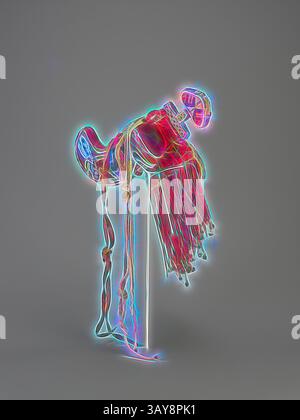 Une selle stylisée ornée de détails complexes et d'accents vibrants, présentée dans une lueur éthérée saisissante qui souligne sa forme et sa texture uniques., épée et gaine cérémonielles, peuple Owo, fin du 19ème siècle - début du 20ème siècle, perles de verre, tissu, ivoire, fer, environ. L :18 po (Épée dans la gaine), environ l :26 pouce (Avec des éléments suspendus), Art Africain, Art classique avec une touche moderne réinventée par Artotop Banque D'Images