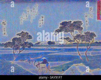 Un paysage serein avec des collines en pente douce et des arbres stylisés, complétés par l'eau courante. Les coups de pinceau abstraits créent une qualité onirique, tandis que la calligraphie élégante suggère un lien avec les formes d'art traditionnelles. La scène évoque une atmosphère tranquille, invitant à la contemplation et à la réflexion., Station 29, Mitsuke, Utagawa Hiroshige æ­Œå· åºƒé‡ (Japonais, 1797-1858), vers 1840, impression couleur sur bois, 6-3/16 x 8-3/16 po. (Image), Art asiatique, Art classique avec une touche moderne réinventée par Artotop Banque D'Images