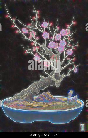Un bonsaï stylisé avec des fleurs délicates, présentant des branches complexes et un pot texturé, placé sur un fond contrasté qui met en valeur sa forme artistique., prune naine japonaise, Lilian May Miller (américaine, 1895-1943), 1928, impression sur bois couleur, 15 x 10-1/8 po. (Feuille), inscrit et paraphé, au crayon bleu, en dessous de l'image, en bas à gauche en bas à droite : variation Copy - Blossoms Pinker (pas si jaune) comme Edition Copy - LMM, Art classique avec une touche moderne réinventée par Artotop Banque D'Images