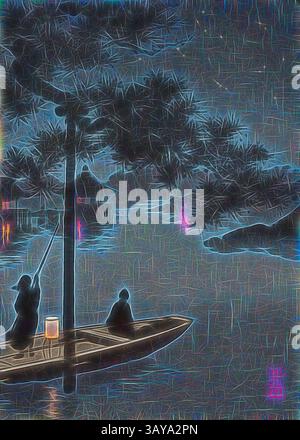 Deux personnages sont assis tranquillement dans un petit bateau, illuminé par une lanterne douce, alors qu'ils jettent leurs lignes dans les eaux calmes. Autour d'eux, les arbres s'étendent avec des feuilles complexes, et la scène est enveloppée dans une atmosphère, une qualité onirique, évoquant un sentiment de tranquillité et de réflexion., Stars over Biwa Lake, Koho Shoda, (japonais, 1877-1924), 1930, encre sur papier, 10 x 7-1/4 po. (image) 10-1/4 x 7-1/2 po. (Feuille), sceaux, artiste, en bas à droite : KÅ HÅ è€•å³¯, Art asiatique, Art classique avec une touche moderne réinventée par Artotop Banque D'Images