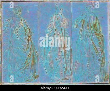 Un trio de personnages habillés de vêtements fluides, chacun capturé dans une pose différente qui met l'accent sur le mouvement et l'élégance. La qualité éthérée de la scène rehausse les détails complexes des vêtements, créant un sentiment de grâce et de sophistication., trois dames debout, Jean-Baptiste Joseph Pater (français, 1695-1736), vers 1721, craie rouge et graphite sur papier, 5-3/4 x 7-7/8 po., art classique avec une touche moderne réinventée par Artotop Banque D'Images