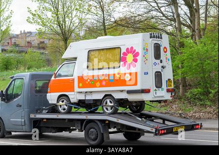 Camping-car de l'émission de voyage télévisée Susan Calman Grand Days Out à l'arrière d'un véhicule de transport à Glasgow, Écosse, Royaume-Uni, Europe Banque D'Images