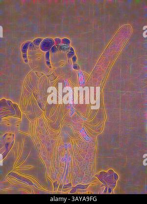 Deux femmes élégamment habillées en tenue traditionnelle sont représentées, l'une tenant un grand instrument. Ils semblent engagés dans la conversation, avec des motifs complexes et des lignes fluides améliorant le flair artistique de la scène. L'arrière-plan présente des tons doux et sourds, ajoutant une qualité onirique à leurs expressions et mouvements., figures d'après Chen Hongshou, Gai Qi (chinois, 1774-1829), dynastie Qing, période, Jiaqing, 1800, encre et couleur sur soie, 35-3/8 x 18-1/8 po. (Image), signé : Gai Qi Seal : Gai Boyun yin Seal : Yuhu waishi Seal : Gai Qi Seal : Yuhu waishi, Asian Art, Art classique avec une touche moderne Banque D'Images