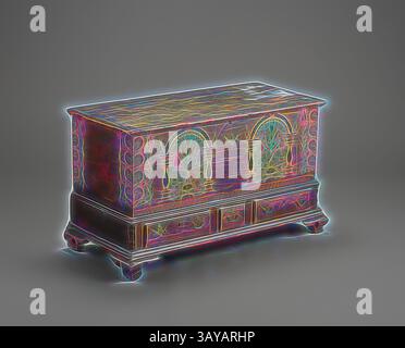 Un coffre en bois au design complexe présente des motifs décoratifs et deux motifs arqués sur son devant, accompagnés d'une paire de tiroirs en dessous. Les contours vibrants ajoutent une qualité dynamique et éthérée au meuble traditionnel., dower Chest, inconnu, 1799, pin, peuplier, charnières en fer forgé, montures en laiton, 30 x 53-1/2 x 24-1/2 po., peint en noir, face avant, près du bas de la partie supérieure de la poitrine, panneau arqué intérieur gauche : 1 7 peint en noir, face avant, près du bas de la partie supérieure de la poitrine, panneau arqué intérieur droit : 9 9 inscrit au crayon, tiroir intérieur, bas, visible lorsqu'on le regarde Banque D'Images