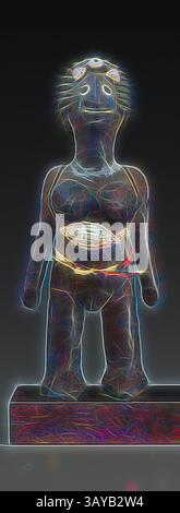 Une silhouette stylisée aux traits exagérés se tient en toute confiance, affichant un sourire ludique et des détails éclatants. Son corps, orné d'une ceinture décorative, souligne une présence fantaisiste et vivante, invitant à la curiosité et à l'intrigue., sculpture féminine (l'une d'une paire), cire, pigment, coton, 12-5/8 po., art africain, art classique avec une touche moderne réinventée par Artotop Banque D'Images