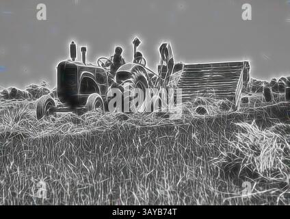 Un tracteur vintage est vu dans un champ, avec quelques personnes travaillant à côté. De hautes herbes entourent la scène, et les roues du tracteur sont légèrement enfoncées dans le sol, montrant des signes d'utilisation intensive dans les tâches agricoles., moteur Sunshine, fonctionnel, ramasseuse-presse et Sunshine tracteur massey harris pressant le foin d'avoine dans la ferme de whitehead Bros gnadbro wagga wagga, n s w, art classique avec une touche moderne réinventée par Artotop Banque D'Images
