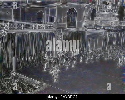 Un grand intérieur de théâtre avec une architecture ornée avec une scène, des rideaux drapés et un public animé se préparant à une représentation., photographie numérique - bande de cornemuse se produisant lors des célébrations du couronnement de la reine Elizabeth II, Exhibition Building, Carlton, 1954, image numérique en noir et blanc d'une représentation de cornemuse tenue dans le Exhibition Building, Melbourne, dans le cadre des célébrations du couronnement de la reine Elizabeth II en 1954. Une scène a été érigée dans le transept sud du bâtiment sur lequel la bande se produit, et au-dessus d'eux une grande couronne marquée er II peut être vue Banque D'Images