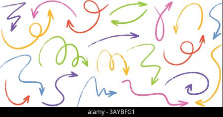 Pastel craie flèche doodles set - tourbillons dessinés à la main, pointeurs, lignes courbes. Illustration de Vecteur