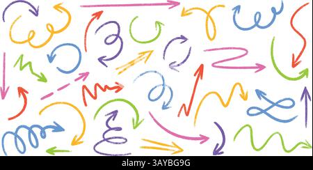 Crayon de couleur pastel flèche doodles set - tourbillons dessinés à la main, lignes courbes, pointeurs chaotiques. Illustration de Vecteur
