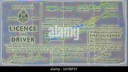 Un permis de conduire officiel de l'État de Victoria, détaillant les renseignements sur le permis, y compris le nom du titulaire, le numéro de permis et les conditions d'utilisation. Diverses signatures et timbres sont présents, indiquant son authenticité et sa conformité aux règlements., permis de conduire - James Forbes, État de Victoria, 25 août 1961, permis de conduire standard pour James Forbes délivré par la police de Victoria, État de Victoria, 25 août 1961 et valide jusqu'au 18 août 1964. Le document indique l'adresse de James comme étant le migrant Hostel at Broadmeadows et a également été estampillé par le conseil municipal d'Auckland pour une utilisation à New Banque D'Images