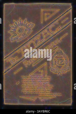 Une couverture illustrée avec un dessin lié à l'ANZAC, avec des symboles et des sceaux ainsi qu'une citation motivante sur l'importance de la résilience et de l'objectif., enveloppe - 'The 'Anzac' Pocket Knapsack', C.M. Tucker, Londres, vers 1915, pochette de photographie en papier intitulée 'The Anzac Pocket Knapsack', publiée et imprimée à Londres par C.M. Tucker pendant la première Guerre mondiale pochette de photographie en papier avec les écussons des forces militaires australiennes et des forces néo-zélécustres, accompagné du deuxième verset du poème 'Grande Bretagne' de l'auteur et poète américaine Ella Wheeler Banque D'Images