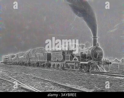 Une locomotive à vapeur d'époque tire une longue file de wagons de marchandises, dégageant de la fumée dans l'air alors qu'elle se trouve sur les voies ferrées, évoquant un sentiment de nostalgie pour l'âge du voyage ferroviaire., négatif - Victorian Railways F-Class 2-4-0 locomotive à vapeur tractant un train mixte de marchandises et de passagers, Waubra, Victoria, 1910, copie d'une photographie en noir et blanc représentant l'une des locomotives de passagers de type 2-4-0 construites à vapeur de Ballarat, construite par la fonderie à vapeur Phoenix, à la fin des années 1870, pour une utilisation sur les embranchements de pays ou les « lignes légères » qui ont été construits dans tout le centre de Victoria entre 1873 et 1893. Les moteurs étaient Banque D'Images