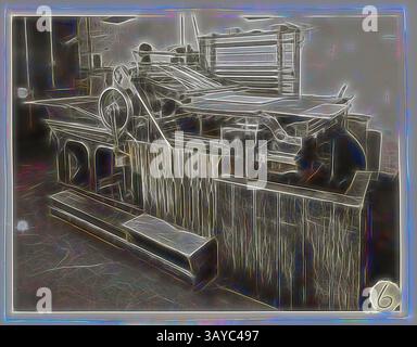 Une presse d'imprimerie vintage présente des machines complexes et un savoir-faire artisanal, avec des engrenages, des rouleaux et un cadre en bois, le tout faisant allusion à une riche histoire de la gravure et du design., photographie, Wharfdale Printing machine, Abbotsford, vers 1940s, photographie en noir et blanc représentant la machine d'impression Wharfdale utilisée pour imprimer « Kodak Print » sur tous les Velox utilisés dans les départements de photofinition en Australie et en Nouvelle-Zélande. Ce modèle apparaît dans la salle de découpe de papier Velox de l'usine Kodak Australasia Pty Ltd, Abbotsford. L'image est le numéro 6 d'une série présentant un papier examinant et Banque D'Images