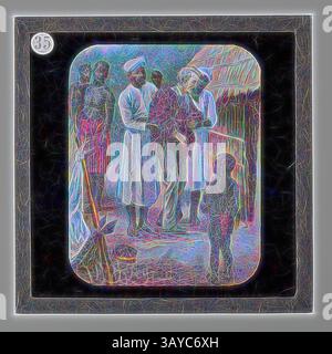 Un groupe de personnes engagées dans une conversation à l'extérieur, avec un enfant observant à proximité. La scène transmet un sentiment de communauté et d'interaction dans un contexte rural, avec des vêtements traditionnels et une structure en chaume., Lantern Slide - Being Assisted to the Hut, Life & Work of Dr David Livingstone, vers 1900, Lantern Slide représentant David Livingstone assisté dans une hutte. Il fait partie d'un ensemble incomplet de 40 diapositives, dont deux manquent, illustrant les faits saillants de la vie et des voyages de Livingstone. Ces lames ont été fabriquées par la London Stereoscopic & Photographic Company pour le Banque D'Images