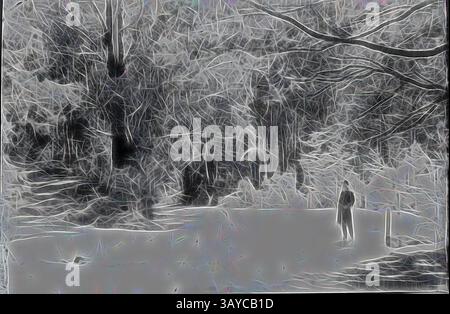Une figure solitaire se dresse au milieu d'une forêt dense et éthérée, entourée d'une brume de motifs et de textures complexes qui évoquent un sentiment de mystère et de tranquillité. Les arbres se dessinent haut, leurs branches s'entrelacent, créant une atmosphère enchanteresse., Lantern Slide - Hairpin Bend, Sherbrooke, Victoria, date inconnue, image en noir et blanc de neige recouvrant la route de Hairpin Bend à Sherbrooke, partie des Dandenongs, photographe inconnu. C'est l'une des nombreuses diapositives de lanterne en verre qui forment la collection A.J. Campbell tenue par Museums Victoria., art classique avec une touche moderne réinventée par Artotop Banque D'Images