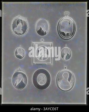 Une collection de portraits affichés dans une grille, présentant divers cadres et styles soigneusement conçus, chacun capturant des expressions et des caractéristiques distinctes des sujets à l'intérieur. L'arrangement crée un dialogue visuel harmonieux entre les images individuelles, suggérant un récit ou un thème parmi les figures représentées Lantern Slide - Portrait miniatures, 1909-1930, l'un d'un ensemble de quatre-vingt-dix diapositives lanternes magiques contenant des images d'artefacts, d'œuvres d'art, d'arts décoratifs, d'intérieurs et de meubles qui semblent appartenir à diverses collections de musées et galeries du Royaume-Uni. Le Francis Banque D'Images