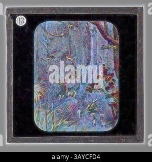 Une représentation abstraite d'une scène forestière dense, avec des lignes tourbillonnantes et des couleurs vibrantes qui créent une atmosphère énergique et onirique, avec du feuillage et des arbres émergeant dans une forme ludique et déformée., Lantern Slide - scène dans une forêt équatoriale, vie et travail du Dr David Livingstone, vers 1900, Lantern Slide représentant des gens marchant dans une forêt équatoriale en Afrique. Il fait partie d'un ensemble incomplet de 40 diapositives, dont deux manquent, illustrant les faits saillants de la vie et des voyages de Livingstone. Ces lames ont été fabriquées par la London Stereoscopic & Photographic Company pour le Banque D'Images