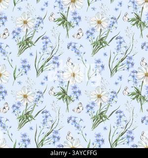 Oublie-me-nots bleus, anémones blanches, herbe forestière et papillons. Motif sans couture d'aquarelle botanique sur un thème de printemps. Pour diverses vacances et Banque D'Images