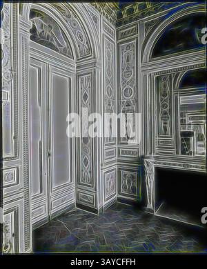 Cette salle élégamment décorée présente des moulures complexes et des détails décoratifs élaborés sur les murs, avec de grandes portes doubles et une surface réfléchissante qui renforce la sensation de profondeur et d'élégance. Lanterne - « Serilly Boudoir », Victoria & Albert Museum, Londres, 1909-1930, l'une des 90 lanternes magiques contenant des images d'objets, d'œuvres d'art, d'arts décoratifs, d'intérieurs et de meubles qui semblent appartenir à divers musées et galeries du Royaume-Uni. Cette diapositive représente le boudoir de la Dame d'honneur de Marie-Antoinette, la marquise de Serilly. Il se trouve dans le Banque D'Images