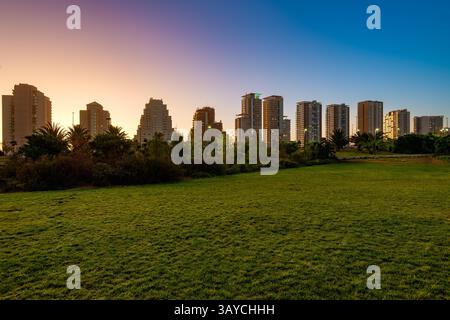 Vue panoramique sur les gratte-ciel côtiers de Reñaca, avec des gratte-ciel vus depuis les prairies verdoyantes du parc la Foresta de Reñaca dans le Valparaís Banque D'Images
