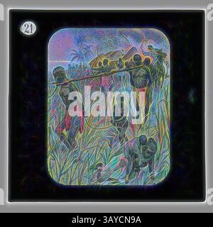 Un groupe d'individus est représenté naviguant à travers un paysage vibrant, engagés dans ce qui semble être une tâche commune impliquant un long poteau et entouré d'une végétation luxuriante. Leurs mouvements suggèrent le travail d'équipe et la détermination au milieu du cadre naturel., Lantern Slide - The Slave Gang, Life & Work of Dr David Livingstone, vers 1900, Lantern Slide représentant un groupe d'esclaves africains avec un homme à dos de cheval avec un fouet surélevé en arrière-plan. Il fait partie d'un ensemble incomplet de 40 diapositives, dont deux manquent, illustrant les faits saillants de la vie et des voyages de Livingstone. Ces diapositives étaient Banque D'Images