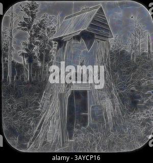 Une structure rustique et usée par les intempéries se dresse au milieu de grands arbres, présentant un design intrigant avec un toit incliné et une entrée encadrée par un enchevêtrement de végétation. L'atmosphère suggère un mélange de mystère et d'abandon, faisant allusion à des histoires inconnues., Lantern Slide - Tree Stump House, Neerim, Victoria, 1897, image en noir et blanc d'une souche d'arbre creuse convertie pour fournir un abri contre les éléments, photographiée par Nicholas Caire. Tree House à Wynstay a été publié dans 'Glimpses of Australia', 1897., Art classique avec une touche moderne réinventé par Artotop Banque D'Images